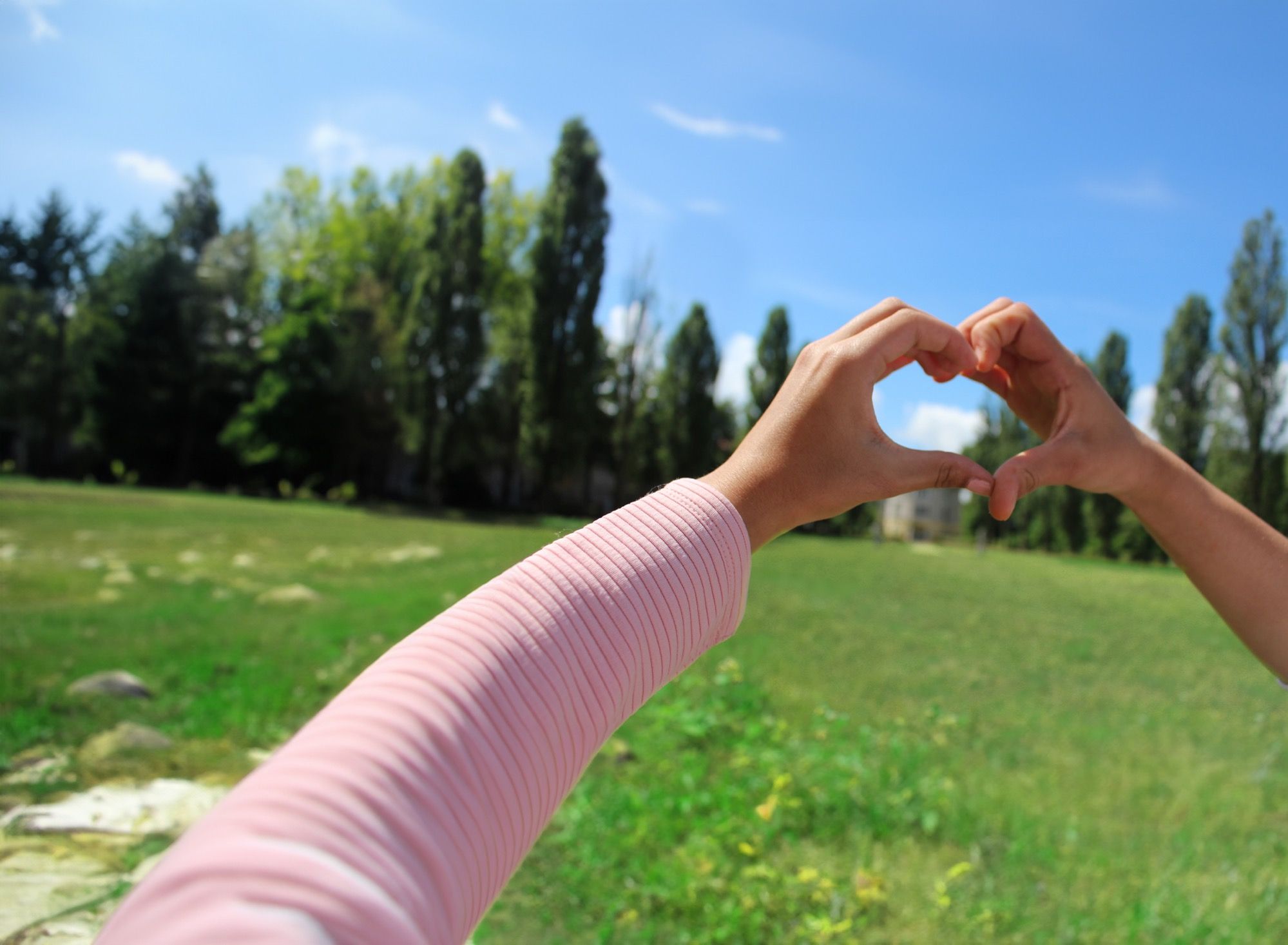 Two hands form a heart shape against a background of a grassy field and tall trees under a blue sky.